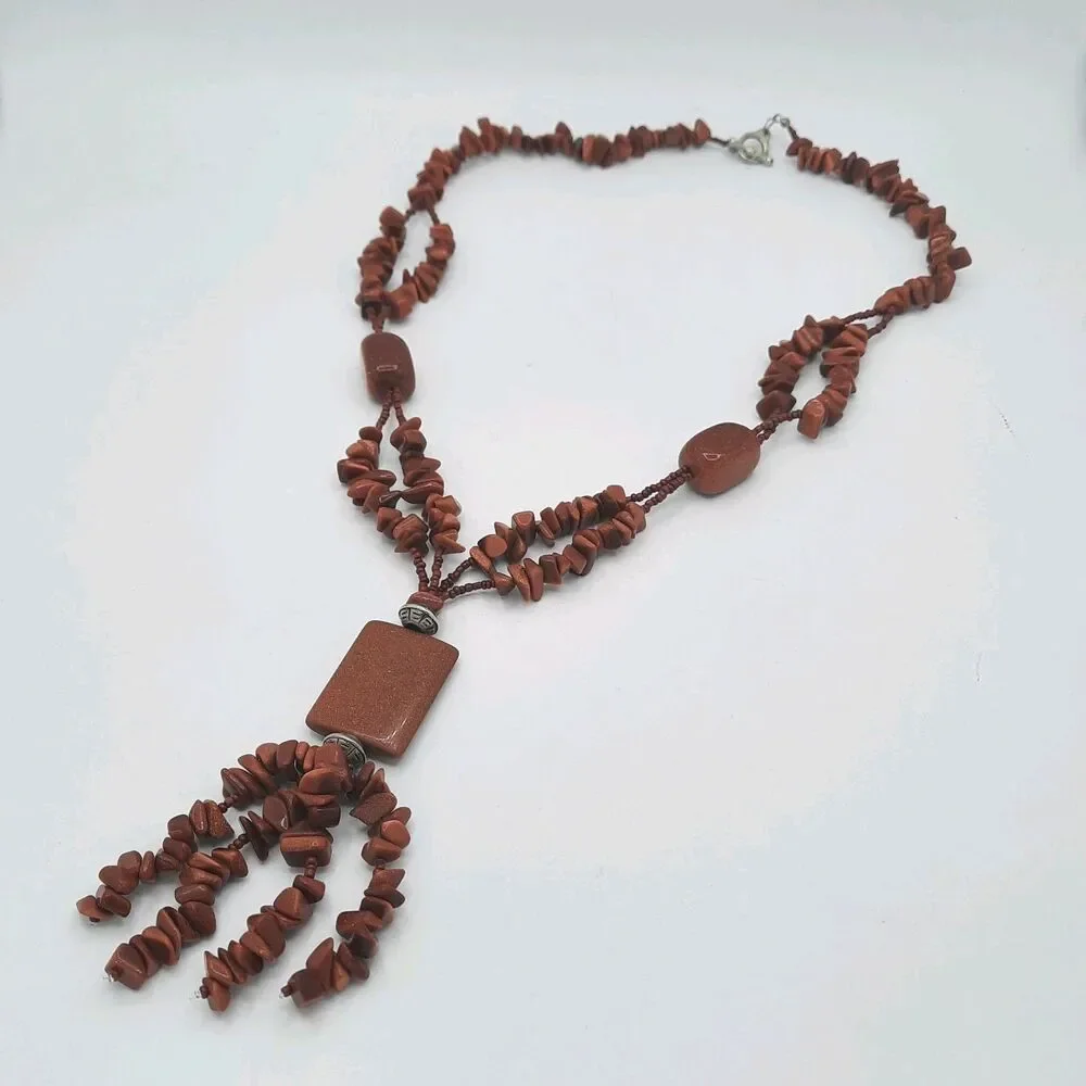 Copper MultiStrand Goldstone Rectangle Pendant Tassel Cluster Statement Necklace